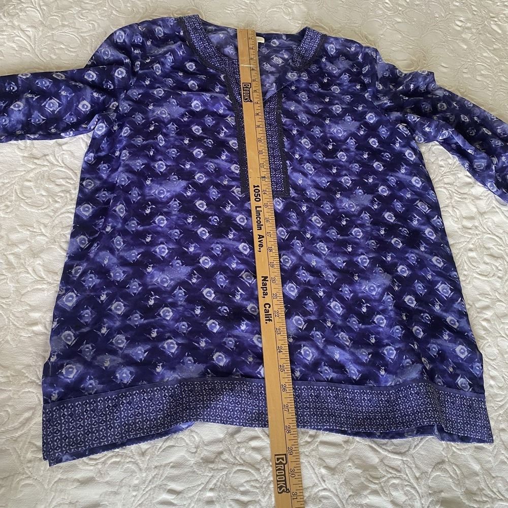 Chicos L Sheer Blue Artsy Sequin V-neck 3/4 Sleeve Tunic Blouse Boho Festival - Picture 11 of 13